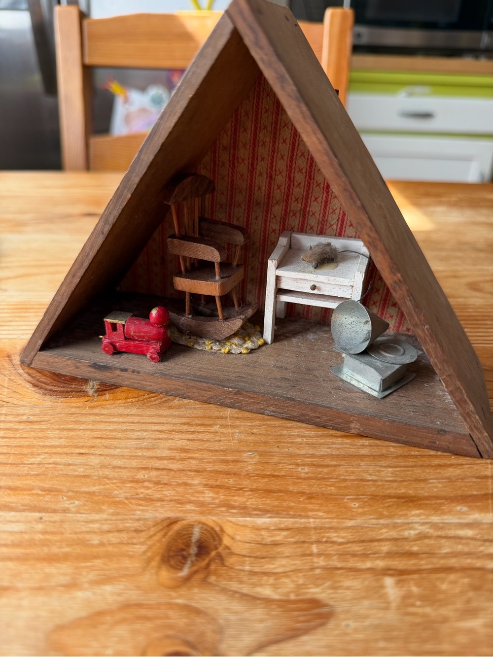 Vintage Wooden Triangular Display Shelf with Miniature Vintage Toys